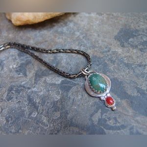 Amazonite and Coral Handmade Sterling Silver Pendant on Plated Silver Chain